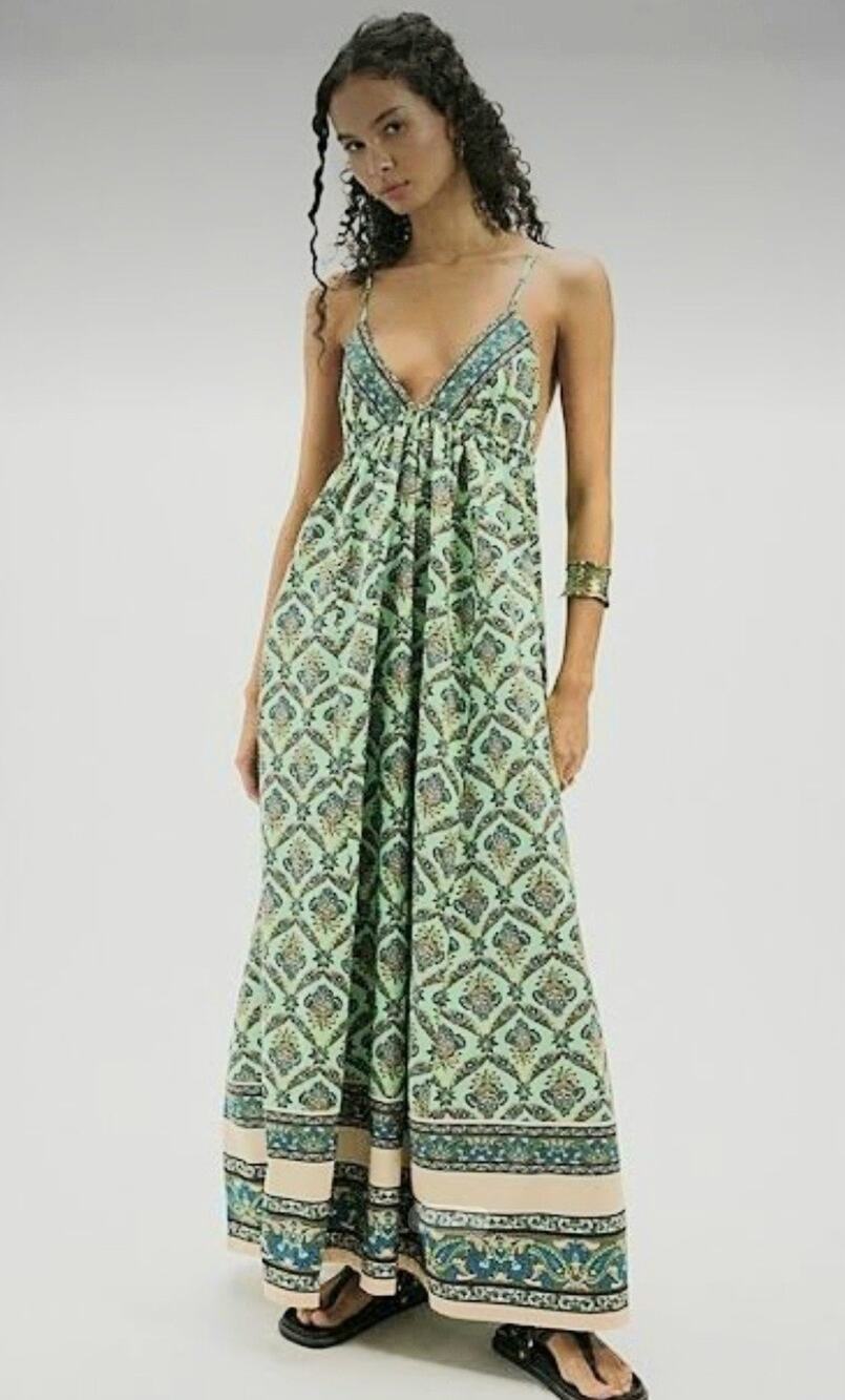 Free People Sorrento Stroll Floral Blue Green Maxi Dress Size M H5